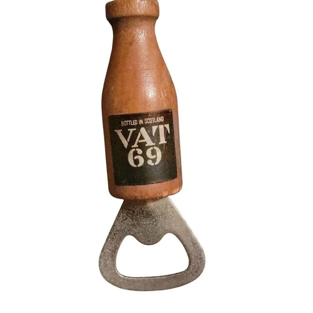 Vintage Vat 69 Bottle Opener Wooden Handle Barware Scotland Retro